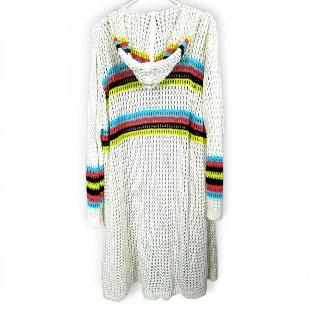 boho chunky crochet hooded duster cardigan coverup rainbow trim festival cozy xl - Picture 1 of 6
